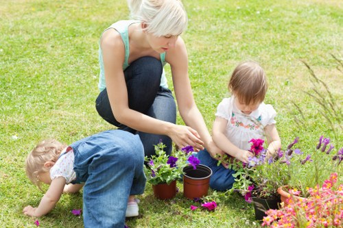 Tidy garden work area with tools stored safely during maintenance